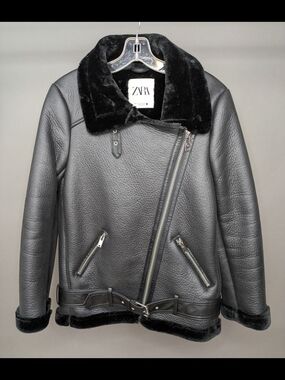 ZARA Black Faux Shearling Biker Jacket